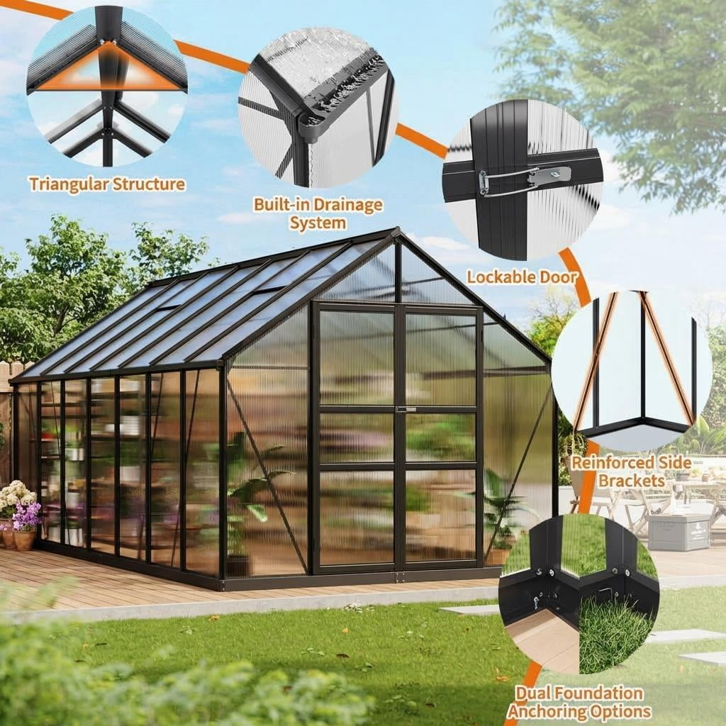 Large Walk-In Polycarbonate Greenhouse, Aluminum Frame, Roof Vent, Wind Resistant, Quick Setup for Backyard