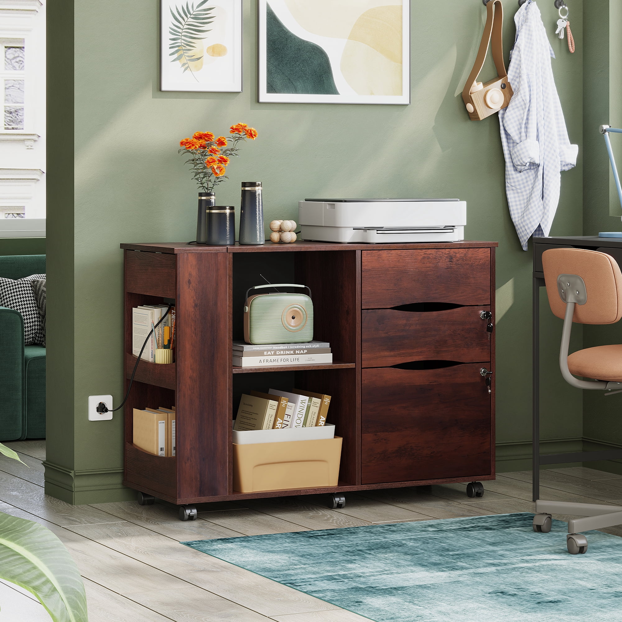 GALAXHERO Wood File Cabinet with 3 Drawers, Open Storage Shelves, Rolling Printer Stand with Charging Station for Home Office, Brown Oak