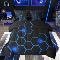 jejeloiu Geometric Honeycomb Hexagon 7pcs Bedding Comforter Set,Modern Abstract Art Queen Bedding Sets,Blue Black Queen Sheet Sets For Kids,Super Cozy Room Decor Reversible
