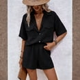 thumbnail image 2 of JULMCOMO Two Piece Sets for Women Deep V Neck Loose Fit Button Down Shirts Short Sleeve Wide Leg Summer Travel Lounge Sets Black S, 2 of 6