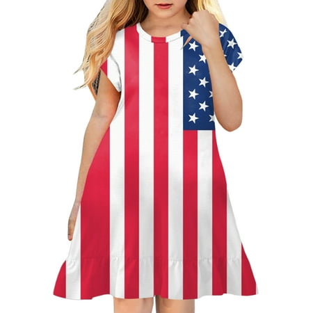 

Follure Kids Toddler Baby Girls Spring Summer Print Ruffle Short Sleeve Active Fashion Daily Indoor Outdoor American Independence Day Organic 2t Youth Swing Dress