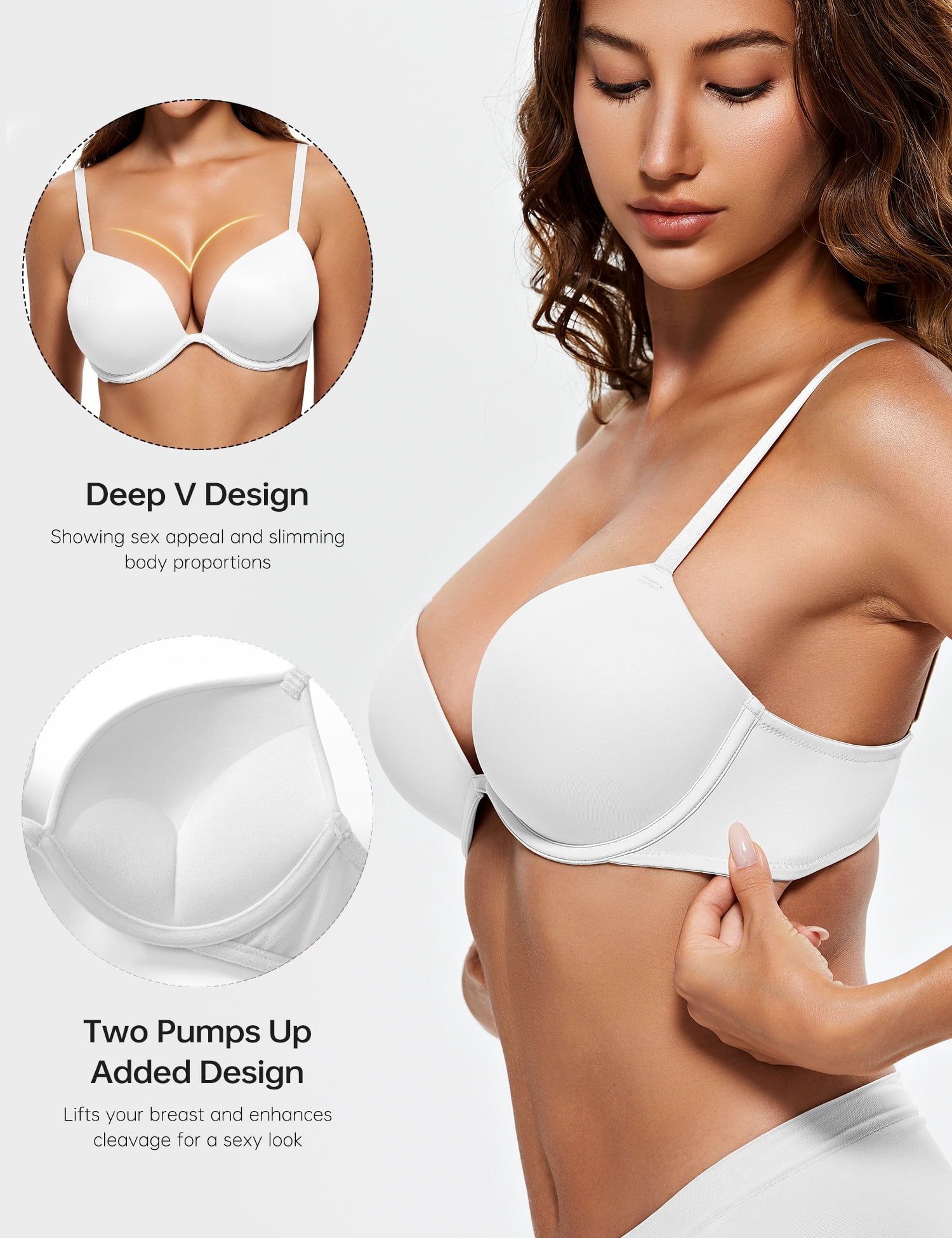 Wingslove Womens Push-up Bra Deep V Plunge Underwire T-Shirt Bra, Coconut White 34C