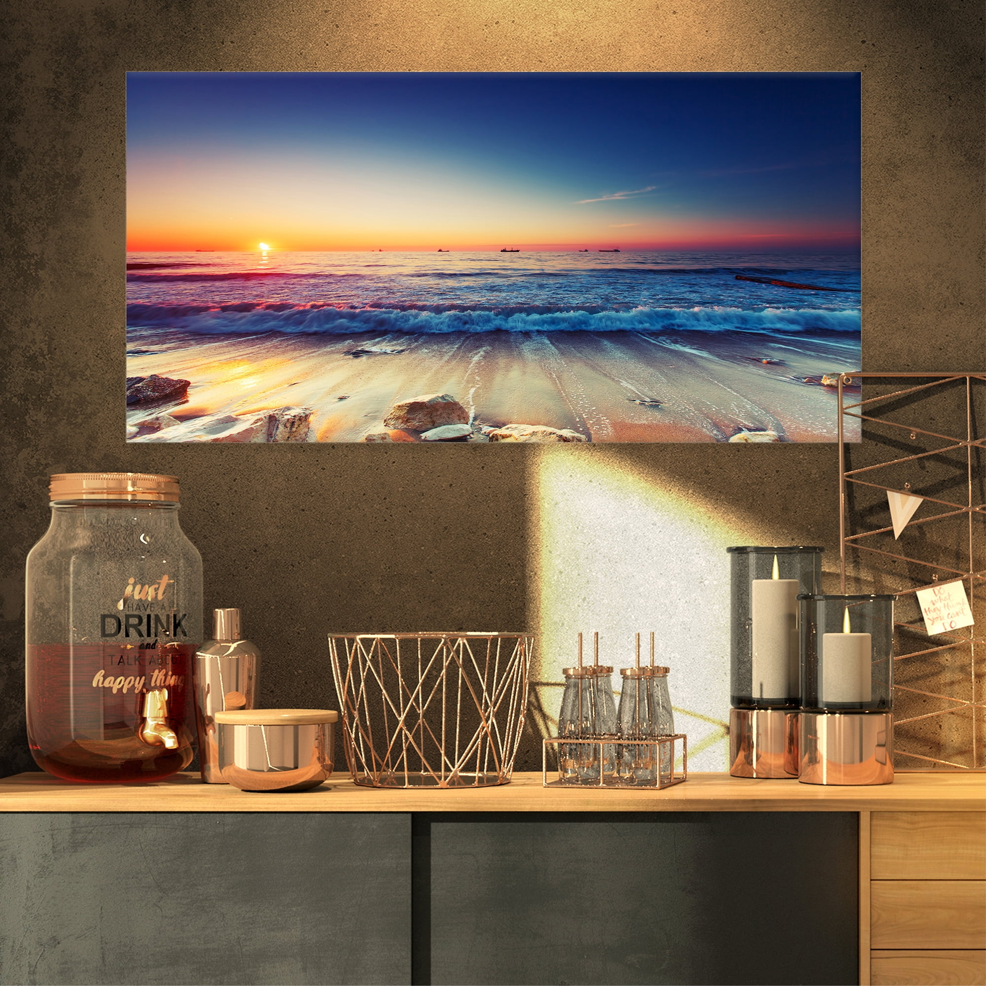 Designart 'Beautiful Sunrise over Blue Sea ' Seashore Canvas Art Print