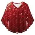 thumbnail image 4 of Red Paillette Sequin Pattern Women's V-Neck Blouse With 3/4 Ruffled Bell Sleeves Casual Top Ladies Blouses, 4 of 7