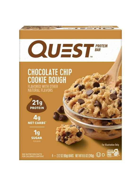 Quest Chocolate Chip Cookie Dough Protein Bar, Gluten Free, High Protein, 4 Count