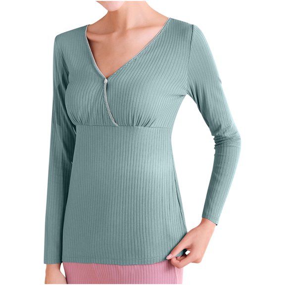 Women Long Sleeve Maternity Shirts V Neck Ruched Sides Ribbed Knit Pregnancy Tee Tunics Tops Green M