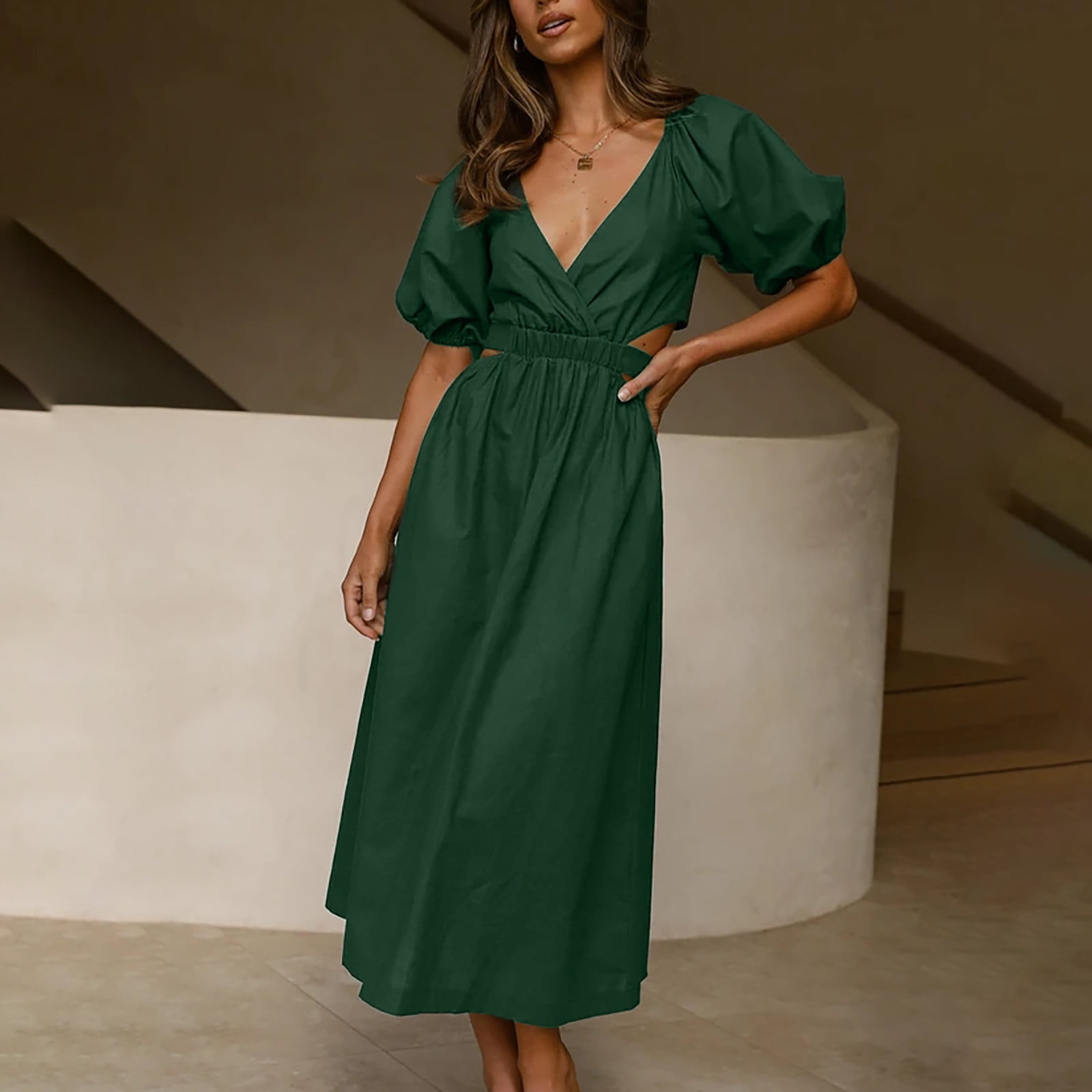Blvb Sexy Dresses For Women Low Cut Short Sleeve Cutout Boho Dress Solid Elasticity Casual Summer Beach Party Midi Dress Other