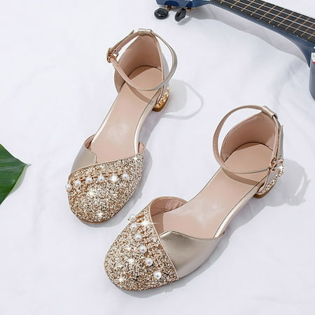 

8QIDA Sandals for Girls Size 4 Wide Big Kids Girls Closed Toe Pearl Decorated Hook & Loop Glittering Shoes Party Wedding Prom 29