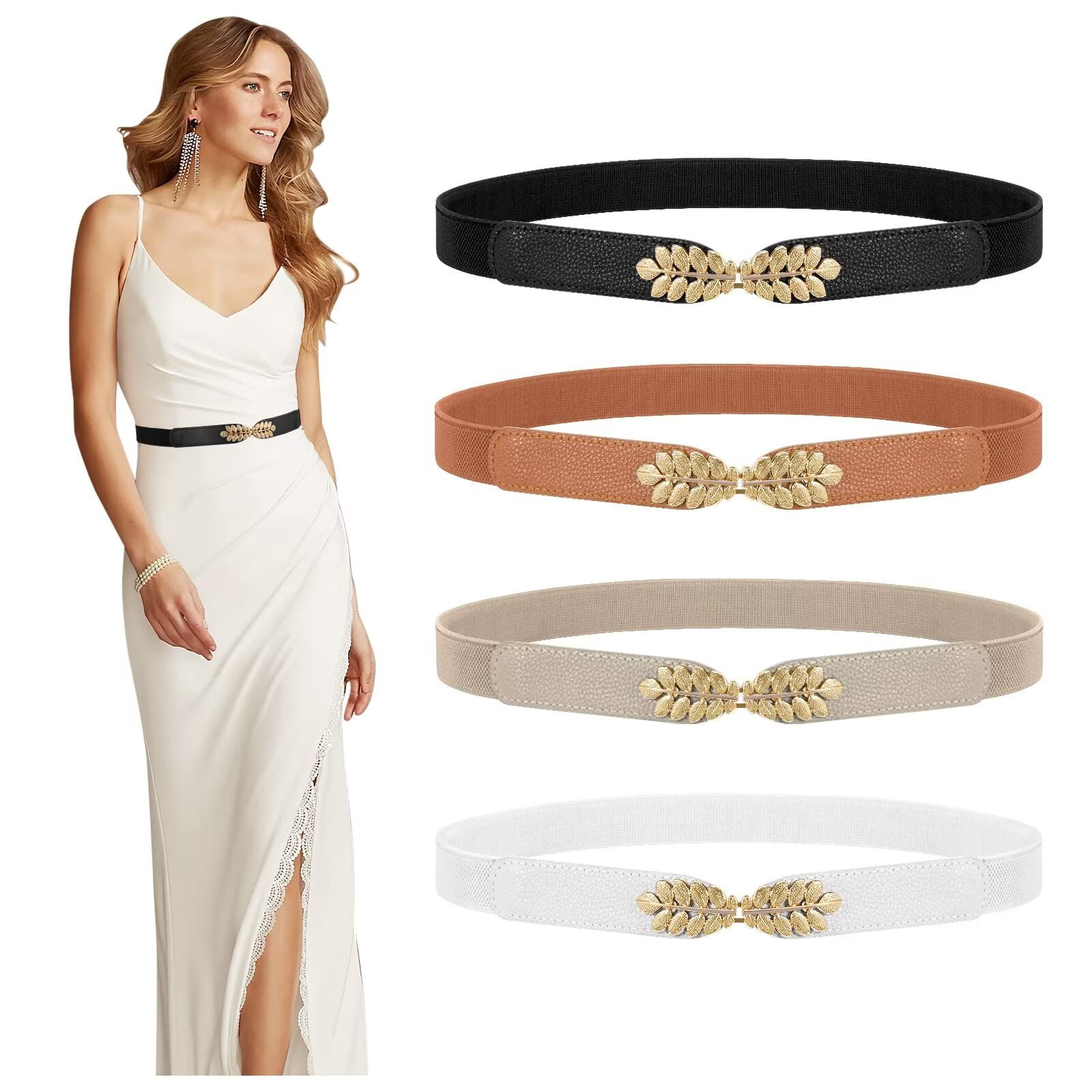 Skinny Belts for Women Dresses Waist Belt Kasiwane Retro Stretch Metal Buckle La LEACOOLKEY Women Metal Skinny Belt for Dress Gold Elastic  main image 3