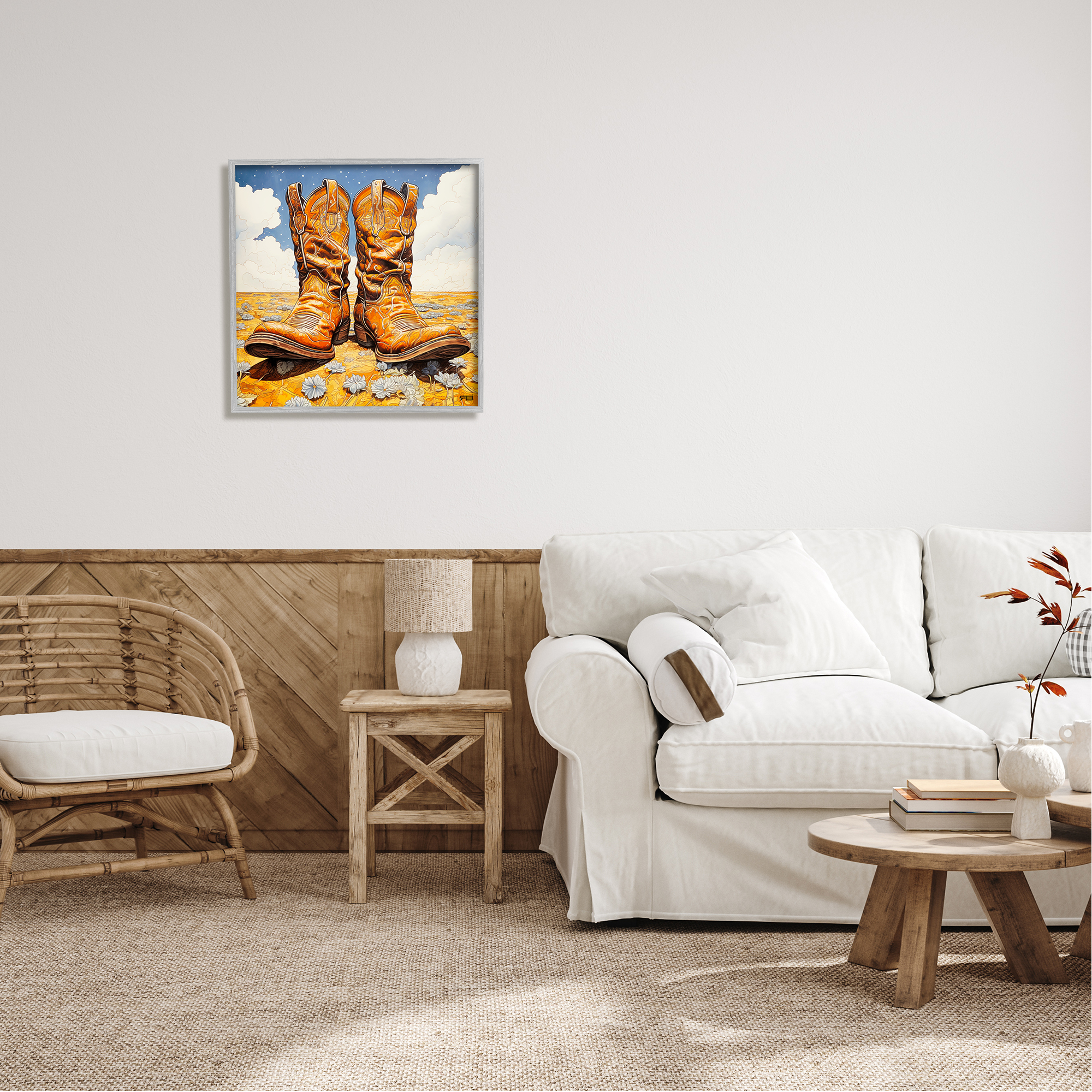Stupell Industries Cowboy Boots Cloudy Landscape Landscape Painting Gray Framed Art Print Wall Art, 24 x 24