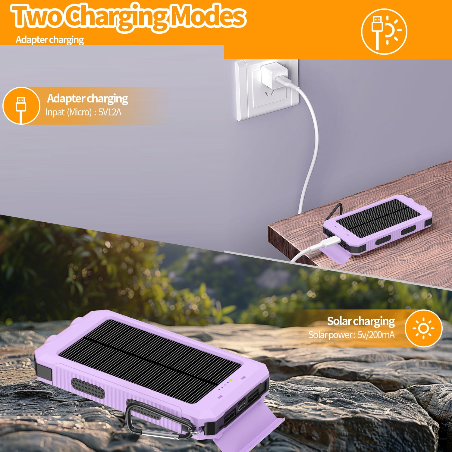 NAUDHENM 3 Pack Solar Power Bank, Portable Solar Charger, Waterproof External Battery Pack with Dual USB & Carabiner, for Outdoor Camping Hiking Emergency