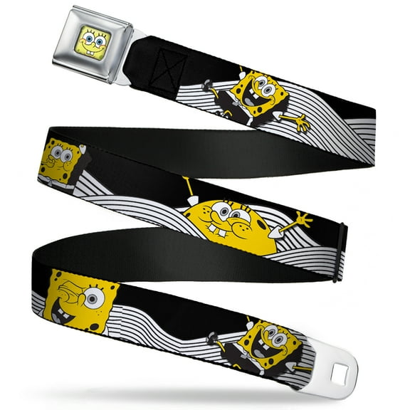 Nickelodeon Belt, Seatbelt Buckle Belt, Spongebob Action Poses Wave Black White Yellow, Youth 22 to 32 Inches