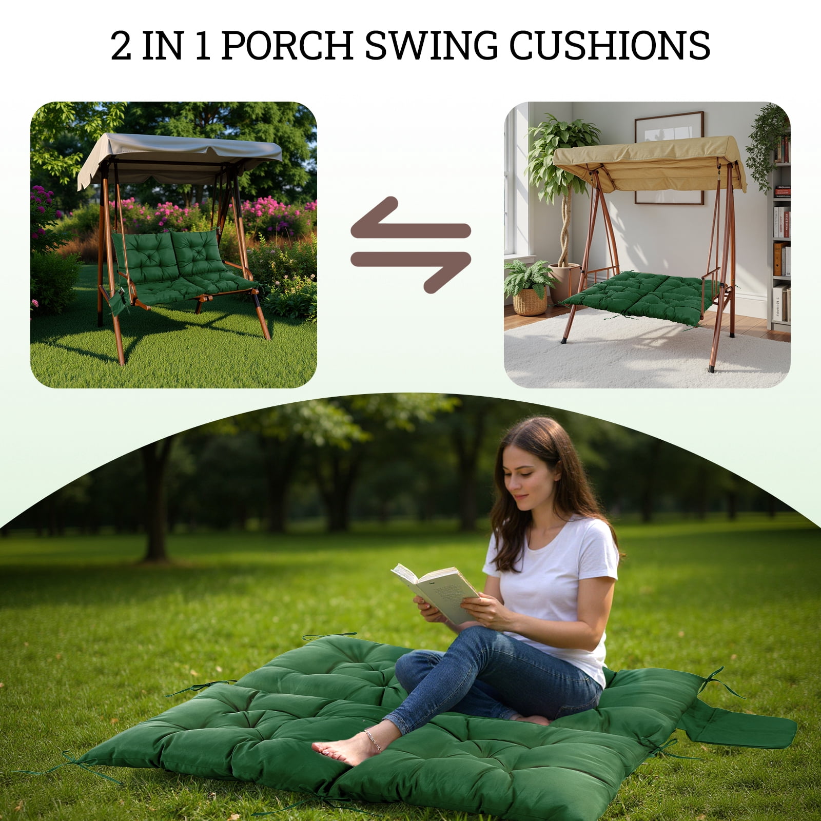 Outdoor Bench Cushion Matalde Swing Chair Cushion Waterproof with 8 Nonslip Ties, Dark Green 120cm*100cm