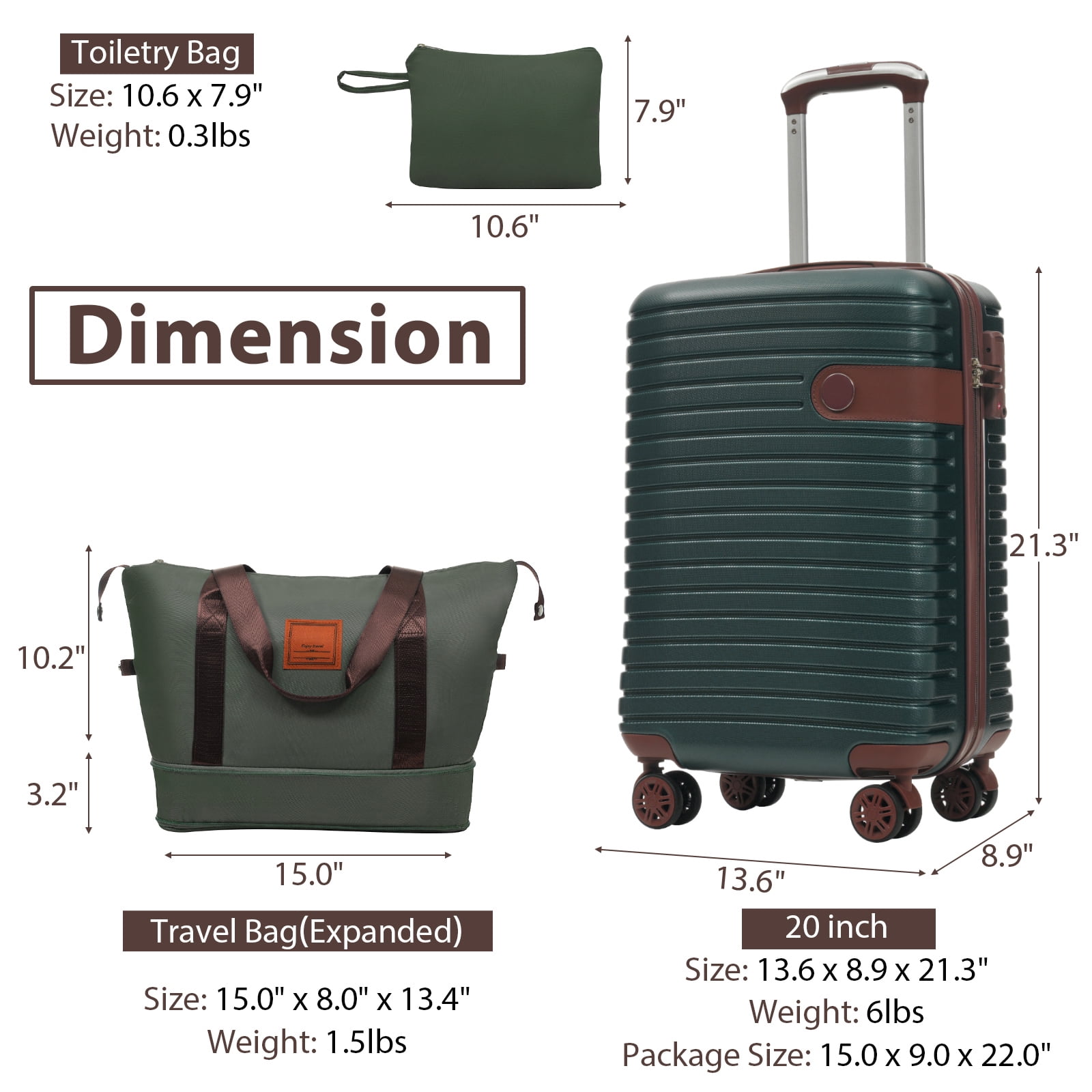 EUROCO 3 Piece Luggage Set, 20" Carry-on Suitcase with TSA Lock and Spinner Wheels, Lightweight Hardshell ABS Suitcase Set for Men Women,Green