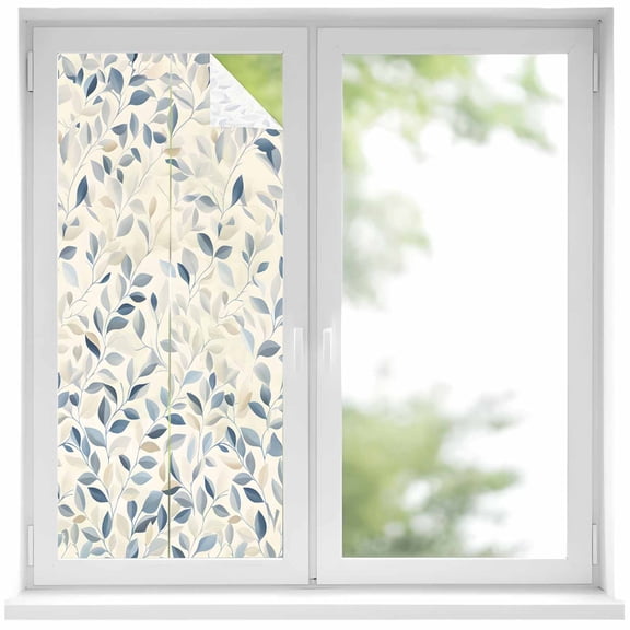 Blue Botanical Window Privacy Film, Farmhouse Spring Summer Plant Static Cling UV Sun Blocking Heat Control Window Tint Day and Night, Non-Adhesive One Way Windows Privacy Cover 19.6''x39.3''