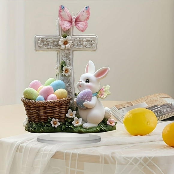 Decoración de Escritorio de Pascua con Conejos y Huevos, Adorno Primaveral de Acrílico y Madera | Decoración Festiva para El Hogar, La Oficina y La Sala de Estar | Adorno de Mesa de Temporada para Do