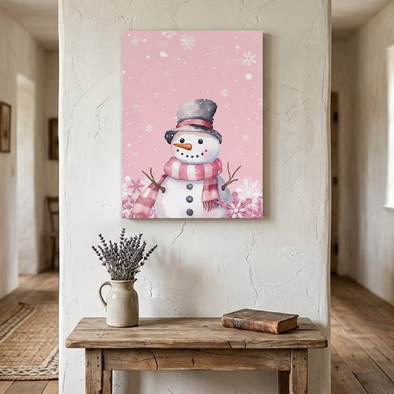 Ships Next Day Canvas Wall Art 8"x10", Pink Snowman Christmas Wood Framed Canvas Print Painting, Xmas Pink Snowflake Winter Ready to Hang Small Picture Wall Decor for Home Bathroom Nursery Office