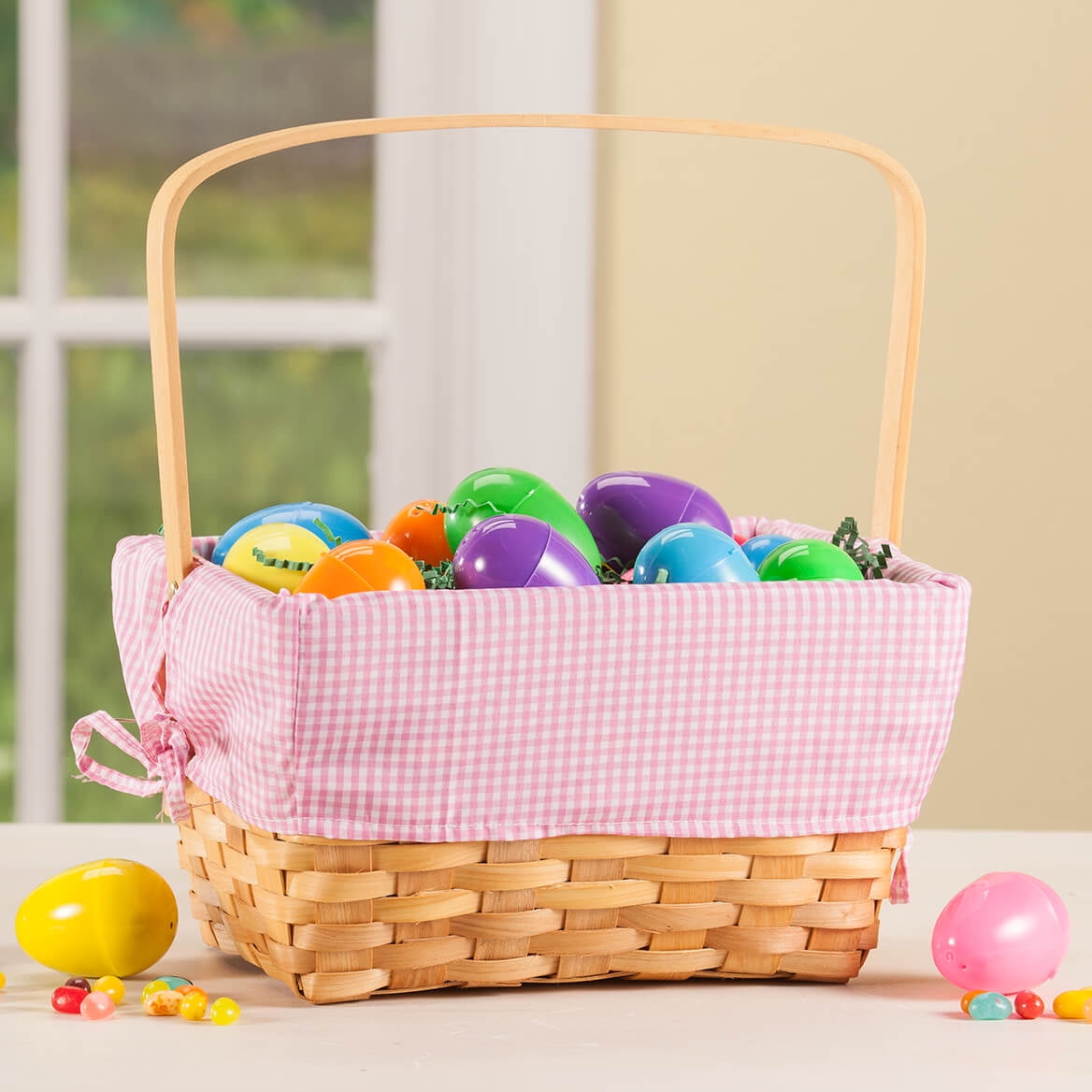 Pink Gingham Wicker Easter Basket, Removable Liner, Made of 100% Durable Chip Wood - Measures 10" Long x 8" High