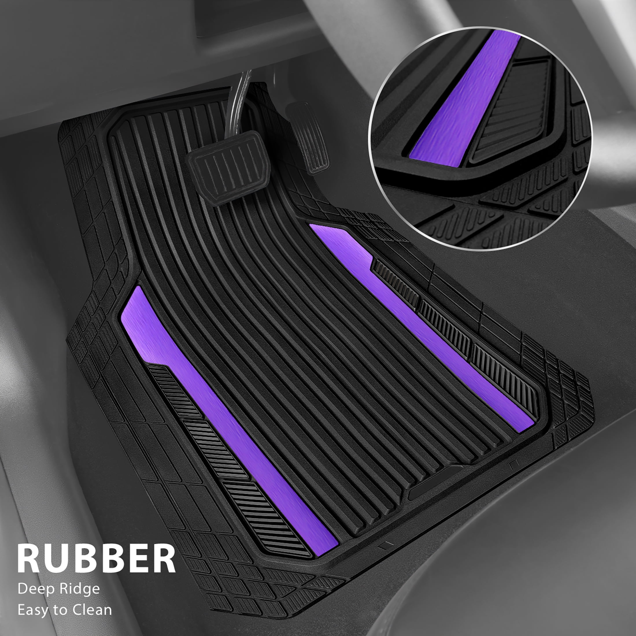 Auto Drive 4-Piece Black & Purple Heavy Duty Rubber Car Floor Mats, All Weather Universal Trim-to Fit for Car, SUV and Truck Mats