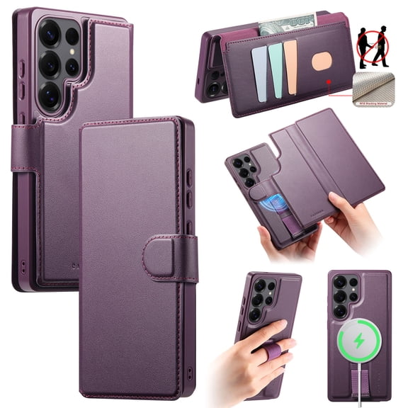 ELEHOLD Leather Case For Samsung Galaxy S26 Ultra , 2-in-1 Shockproof Magnetic Detachable Flip Card Holder Wallet Kickstand Cover with Wristband, Mag Safe Compatible, Purple