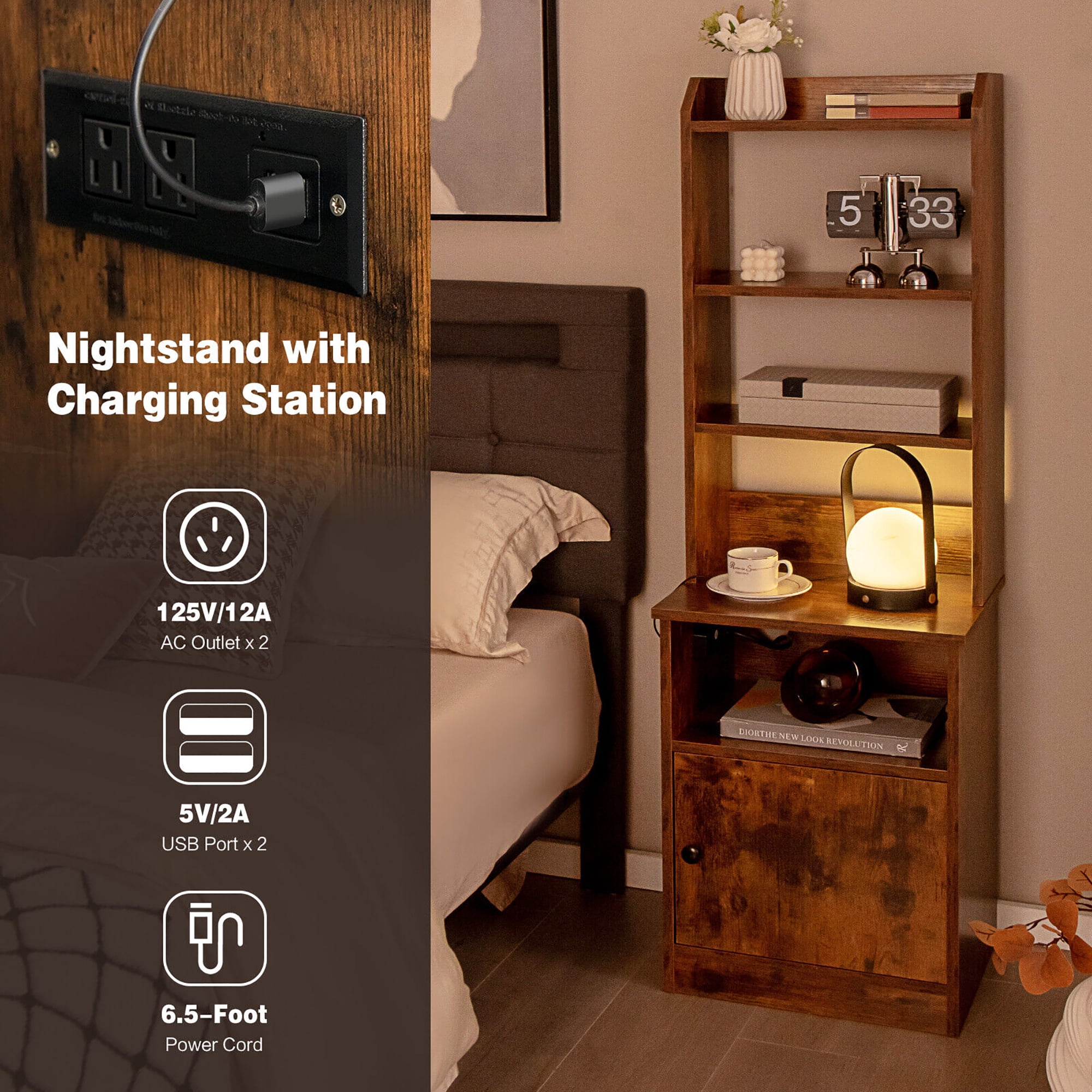 Gymax Nightstand Bedside End Side Table Bookshelf w/ Charging Station Rustic Brown