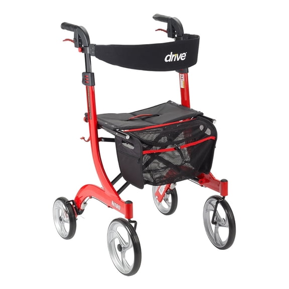 Drive Medical Nitro Euro Style Rollator Walker Lightweight 4-Wheel Rolling Walker, Red, 300 lb Limit
