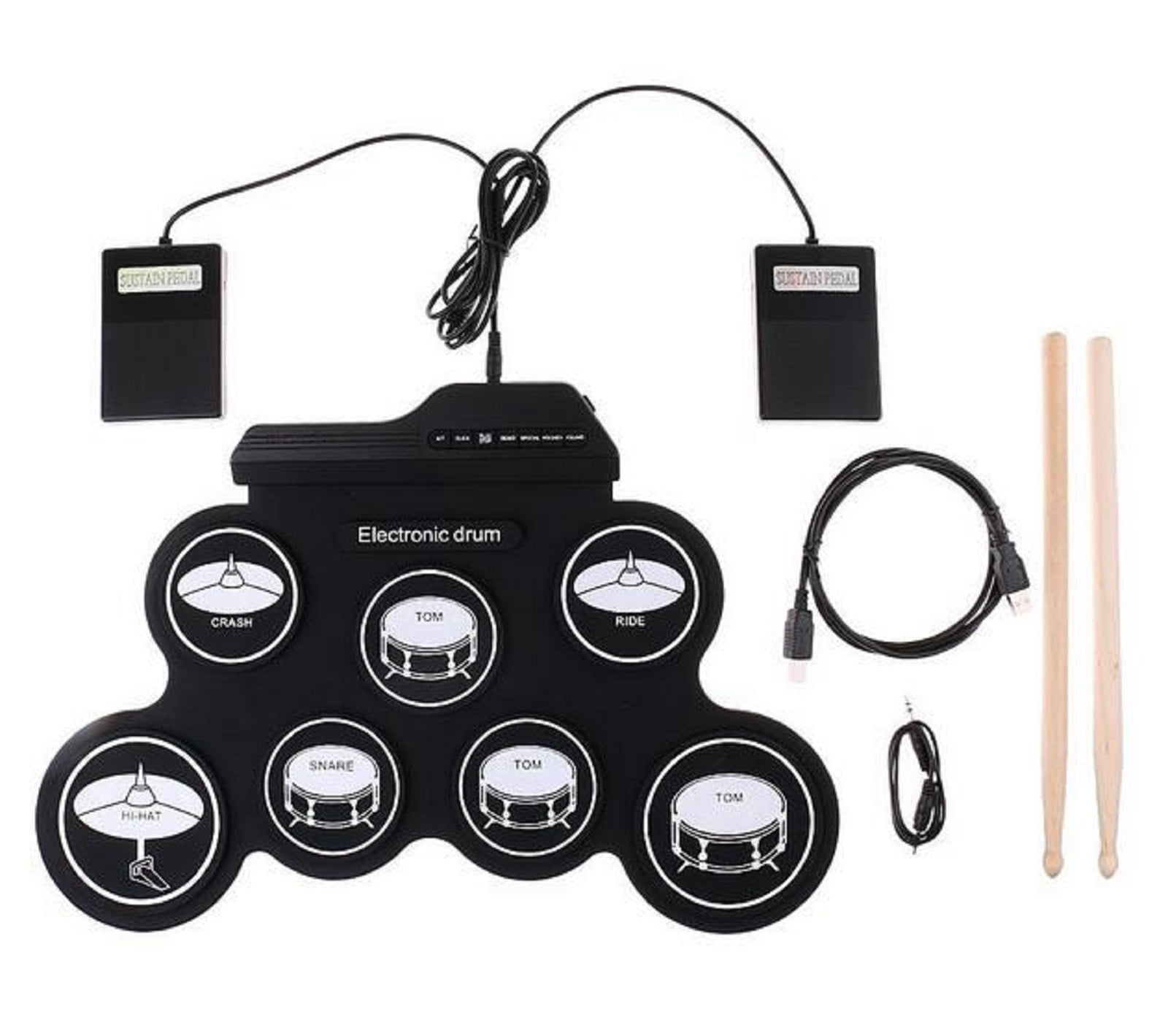 Portable USB Roll-Up Electronic Drum Kit, Foldable Silicone Electric Drum Set with Pedals Drumsticks, Realistic Sound Compact Design for Childs Beginners Practice Home Travel