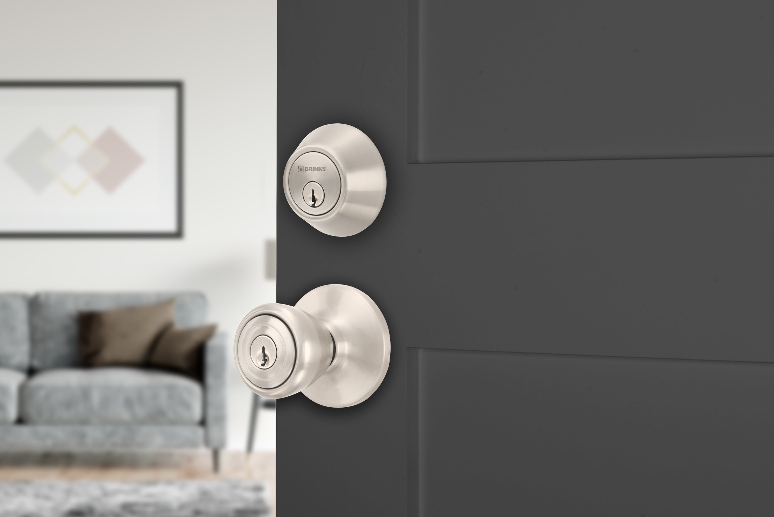 Brinks Keyed Entry Tulip Style Doorknob and Deadbolt Combo, Satin Nickel Finish