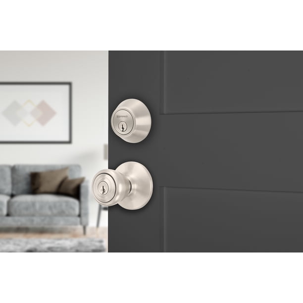 Brinks Keyed Entry Tulip Style Doorknob and Deadbolt Combo, Satin