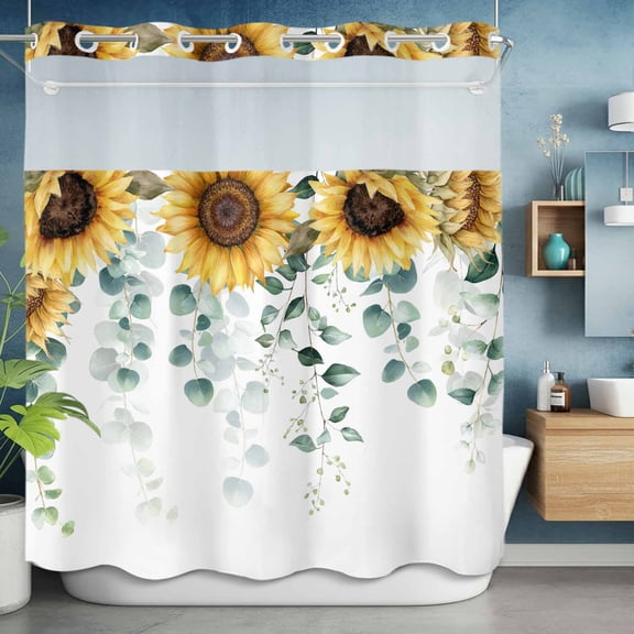 No Hooks Shower Curtain, Farm Sunflowers on Top Shower Curtains Waterproof Bathroom Curtain with See Through Top Window,Hotel Style,72x72in Country Watercolor Eucalyptus Leaf