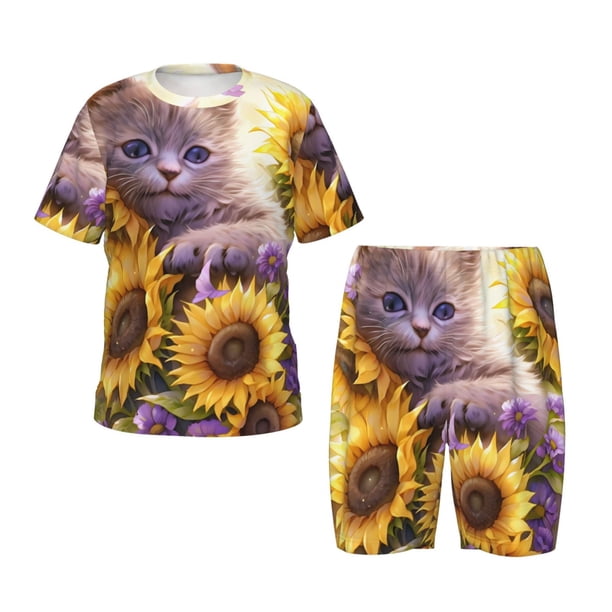 Balery Daisy Sunflower Lazy Cat Conjunto de Pijama Infantil de Manga Corta con Estampado – Ropa de Dormir de Algodón Suave-3X-Large
