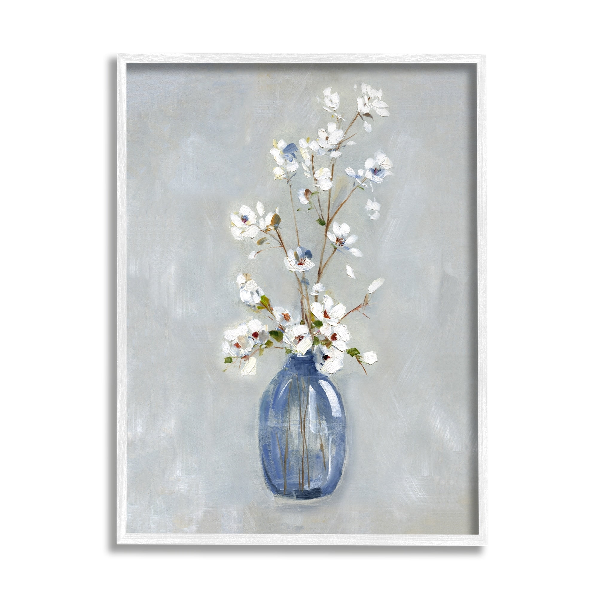 Stupell Industries Classic White Flower Arrangement Blue Vase Ikebana Painting White Framed Art Print Wall Art, 24x30, by Sally Swatland