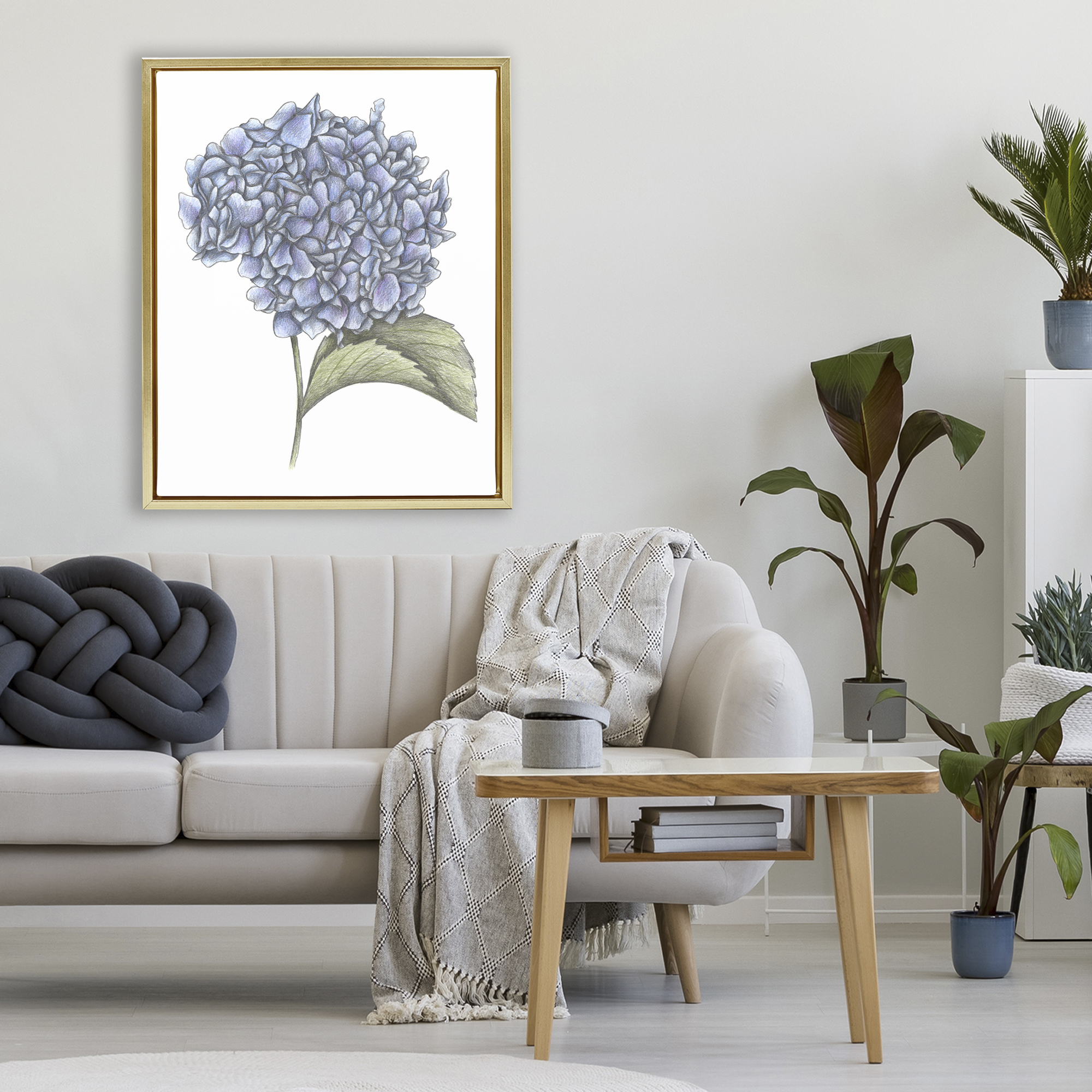 Hydrangea Sketch Blossom Gold Framed Floater Canvas Wall Art, design by Cecilia Battaini