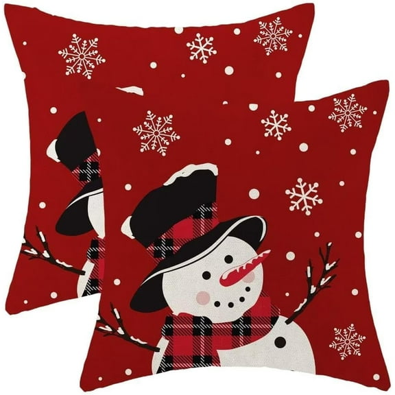 Snowman Christmas Pillow Covers 20x20 Inch Set of 2, Red Background White Snow Snowman Decorative Throw Pillows Farmhouse Linen Xmas Winter Holiday Cushion Case for Sofa Couch Outdoor Decor