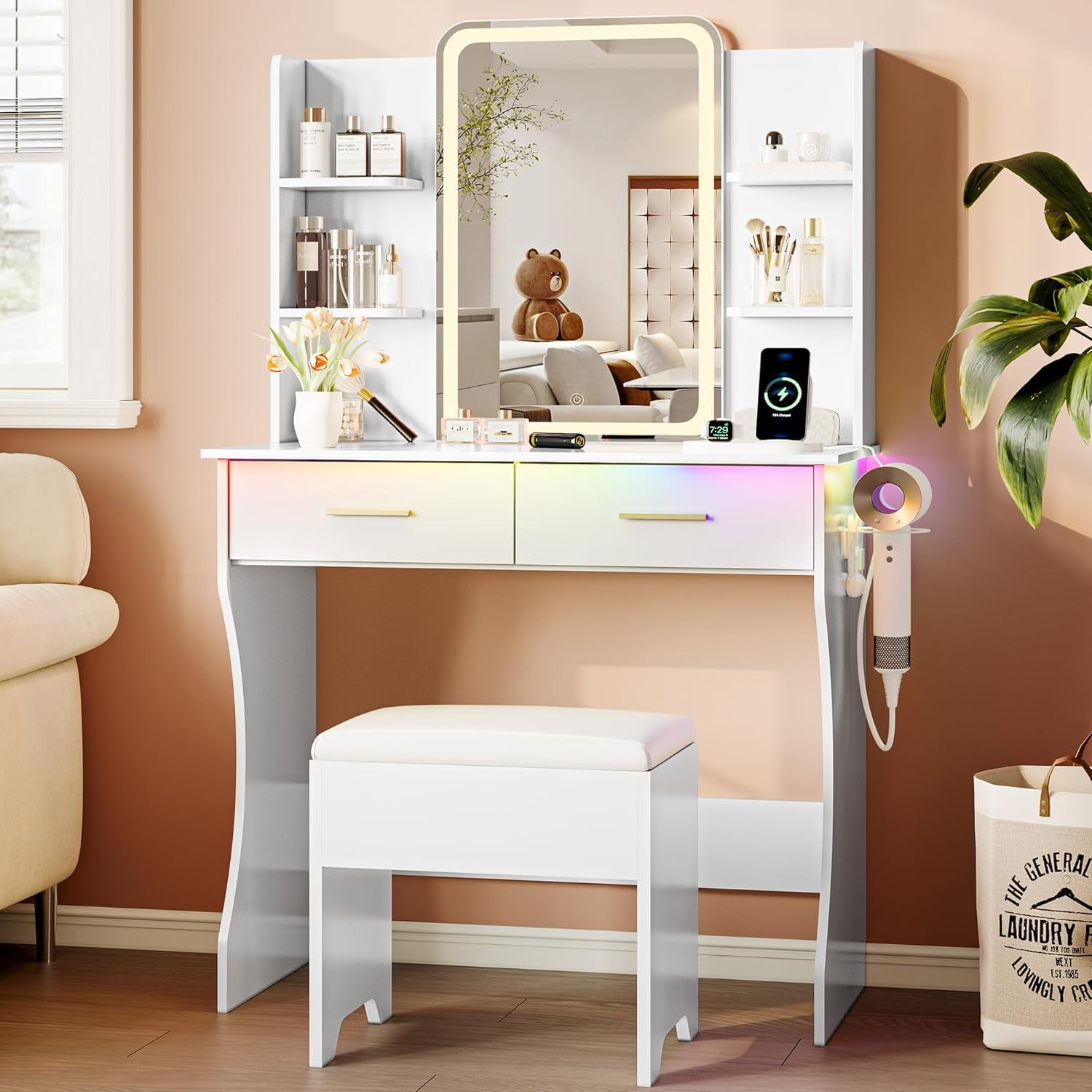 FANRAL Vanity Set with Mirror and Lights,31.5" Small Vanity Bedroom Vanity Desk,Makeup Vanity with Chair & Drawers & Power Outlet,White Vanity