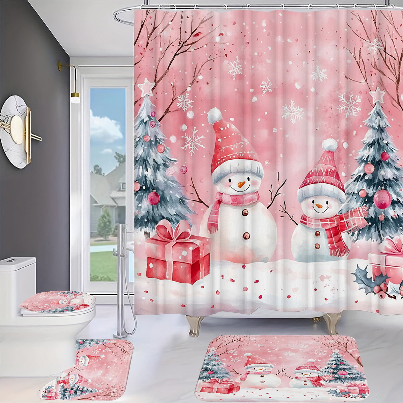 Costeam Christmas Shower Curtain Set with Santa Pattern, Waterproof Bathroom Decor with Holiday Theme for Xmas Party Background Decoration