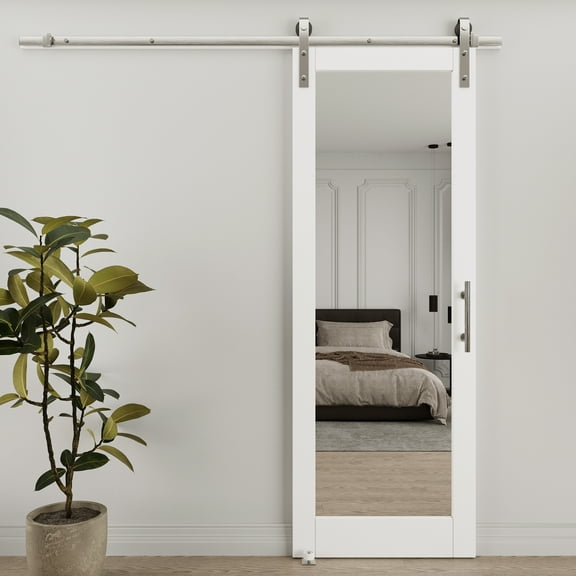 30'' x 84'' Sliding Mirror Barn Doors and Hardware Included, White Wood Texture Panels & Double Side Mirror & Brushed Nickle Barn Door Hardware Kit, Full Mirror Door Design
