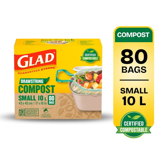 Glad Certified Compostable Drawstring Bags - Small 10 Litres - Drawstring, 80 Compost Trash Bags - Unscented