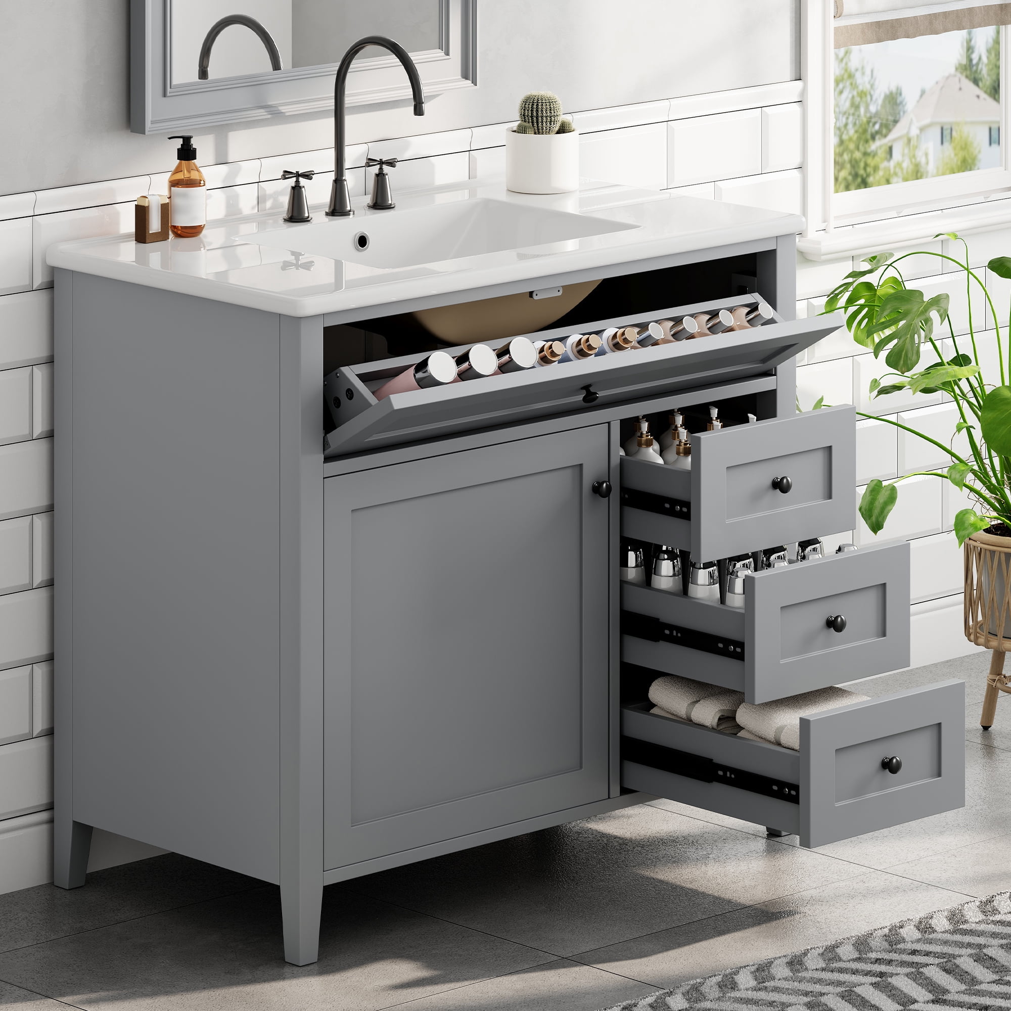 Anpport 36" Freestanding Bathroom Vanity with Sink, Modern MDF & Rubberwood Cabinet, 3 Drawers, Adjustable Shelf & Left‑Side Door, Grey