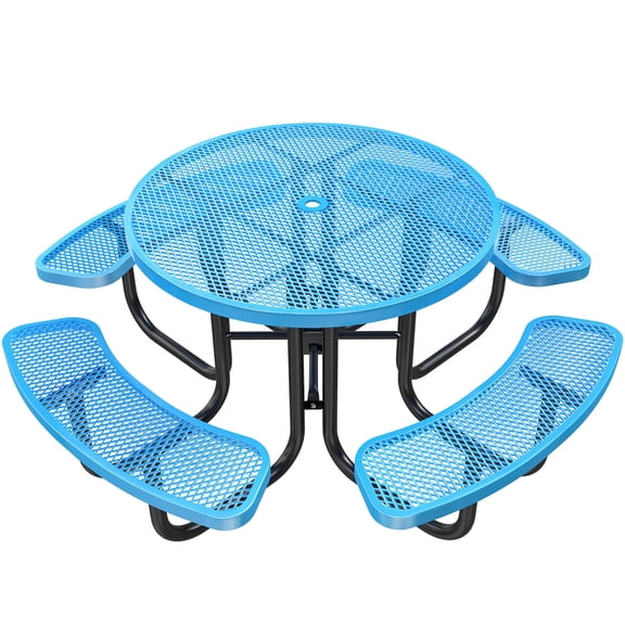 STICCIO 46 in Heavy Duty Round Picnic Table with Seats and Umbrella Hole for Park Patio Garden Yard, Blue