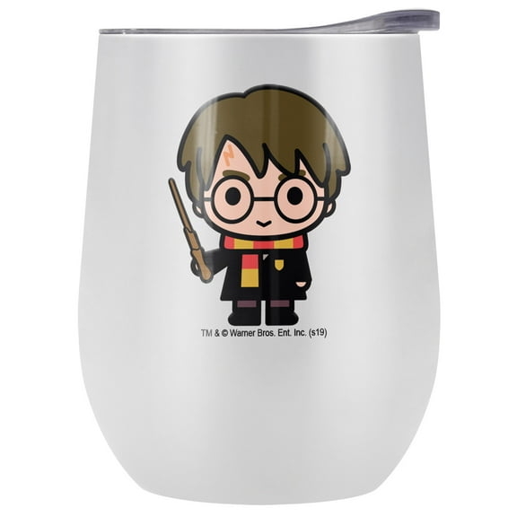 Harry Potter Official Cute Chibi Character 12 oz Stemless Tumbler, Stainless Steel Travel Cup|Lake Tumbler|Insulated with Leak Resistant Slide-Lock Lid, White