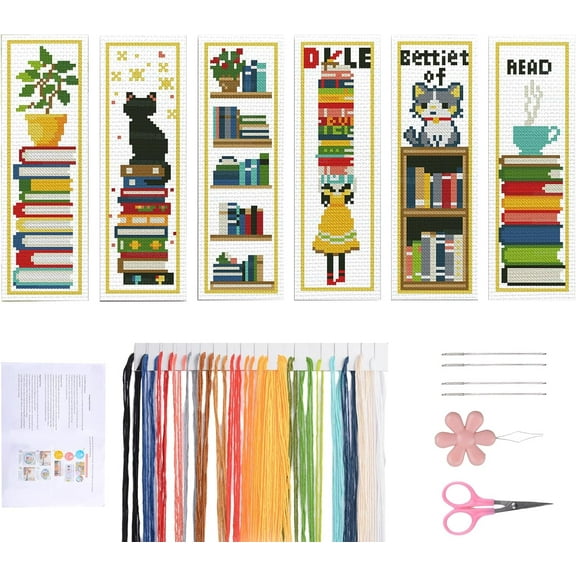Cross Stitch Bookmark Kits, 6PCS Bookshelf Stamped Embroidery Bookmark Cross Stitch DIY Kits with Tassel for Adults Beginners Book Lovers, 11CT