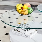 LUFTUT Modern Glass Coffee Table, 3-Tier 42 Round Tempered Glass, White Marble-Look MDF Base, Coffee Table with Storage for Living Room, Easy Assembly
