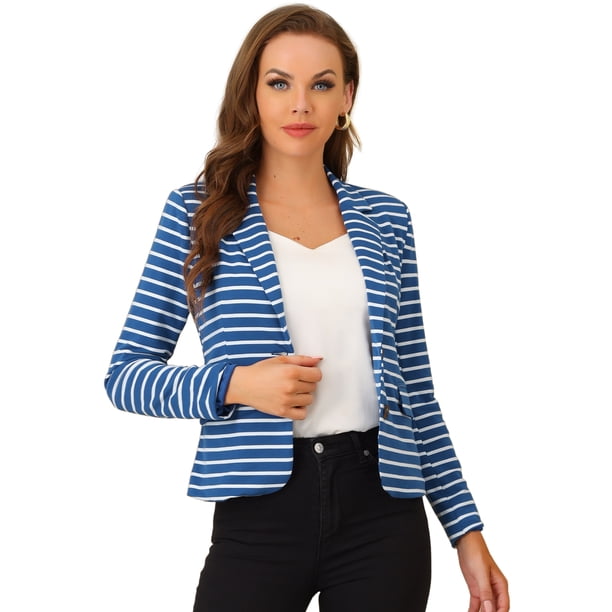 Blazer a rayas con cierre de botón y bolsillo con solapa con muesca para mujer Azul Blanco S