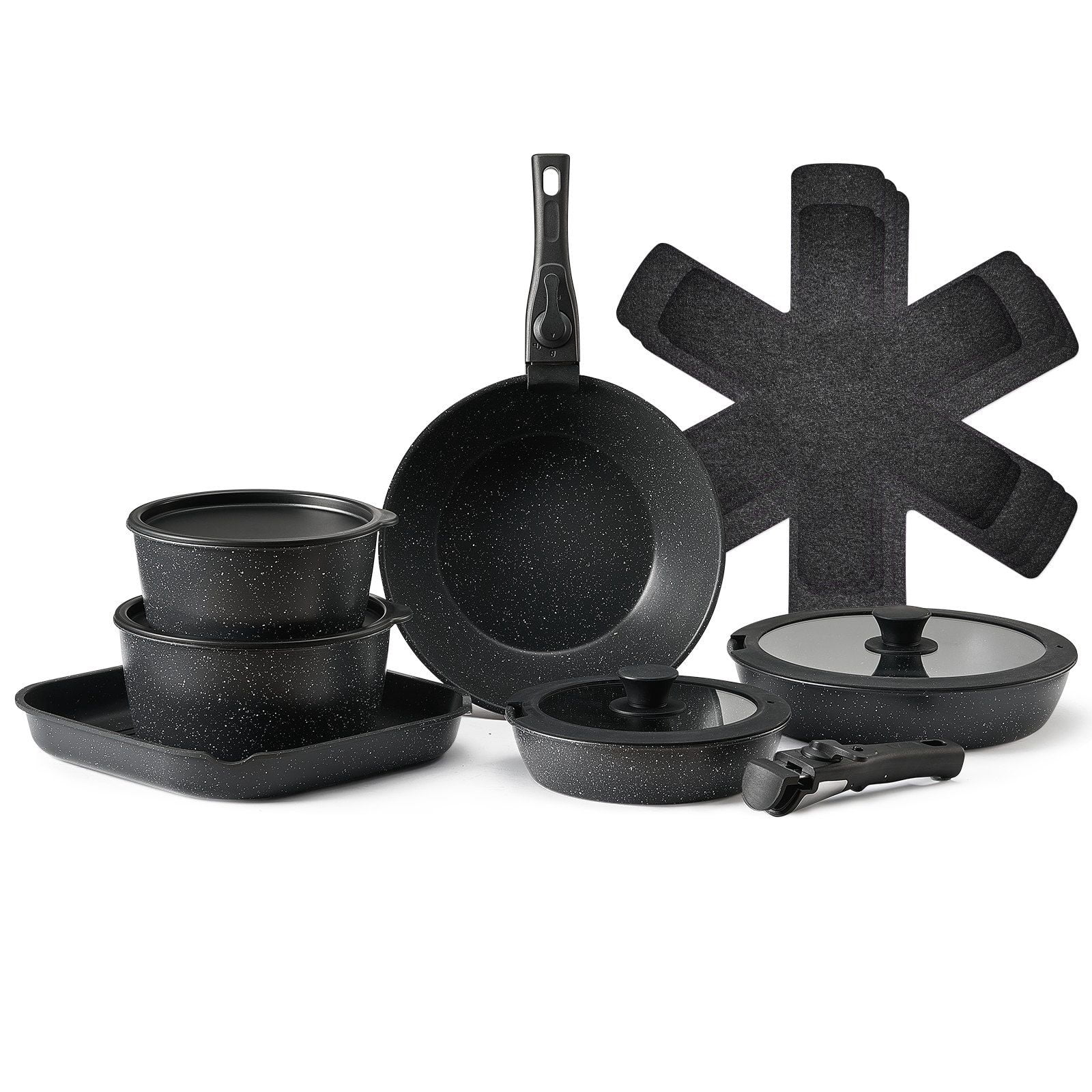 17 Piece Pots and Pans Set Nonstick Granite Coating Kitchen Cookware Induction Compatible Black