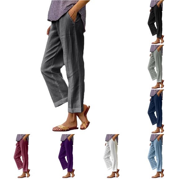 Xijirk Women Straight Leg Cropped Casual Trousers with Elastic Adjustable Tie Waist Side Storage Pockets Airy Light Soft Relaxed Fit Pants for Daily Beach Home Outdoor Leisure Wear,1GY2,XXL