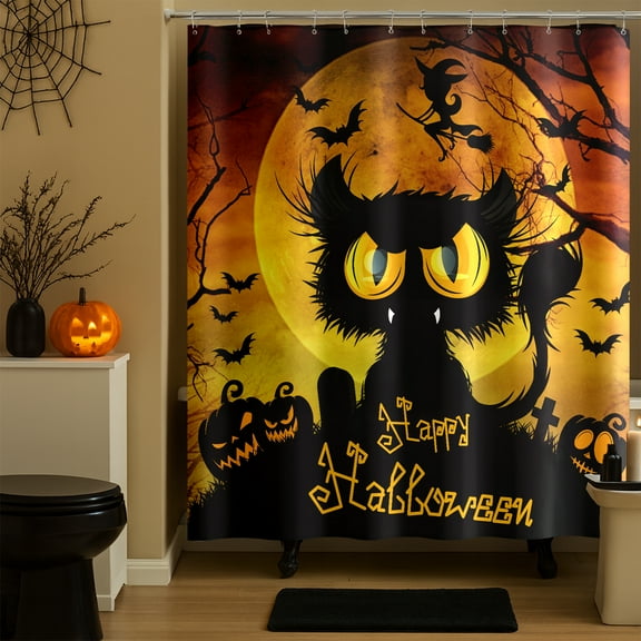 Seasonwood Halloween Shower Curtain,Spooky Halloween Black Cat Shower Curtain,Waterproof Halloween Bathroom Decor with 12 hooks,72"x72"