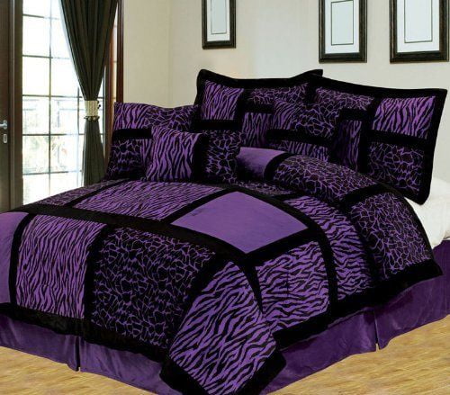 7 Piece Patchwork Purple Black Micro Suede Comforter Set Queen Size 