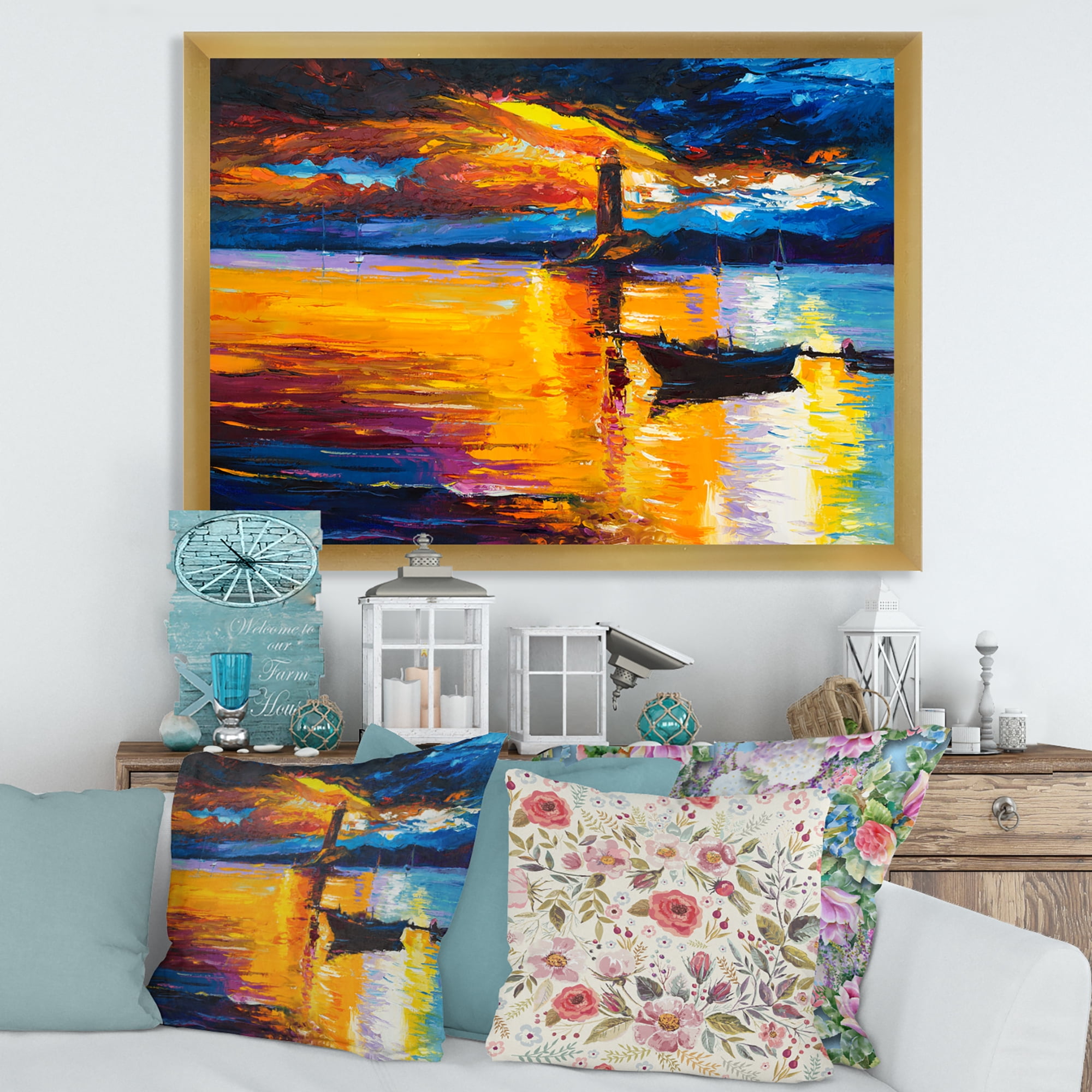 Little Boat By Lighthouse During Evening Glow 40 in x 30 in Framed Painting Canvas Art Print, by Designart