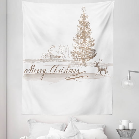 Christmas Tapestry, Romantic Vintage New Year Scenery Reindeer Tree and Star Design Image, Fabric Wall Hanging Decor for Bedroom Living Room Dorm, 5 Sizes, Brown, by Ambesonne